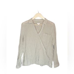 J. Jill Lightweight Faux Wrap Front Striped Beige Cream Pinstripe Blouse